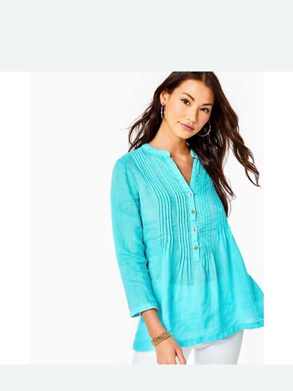 Lilly Pulitzer Turquoise Pintuck Button-Front Tunic Top